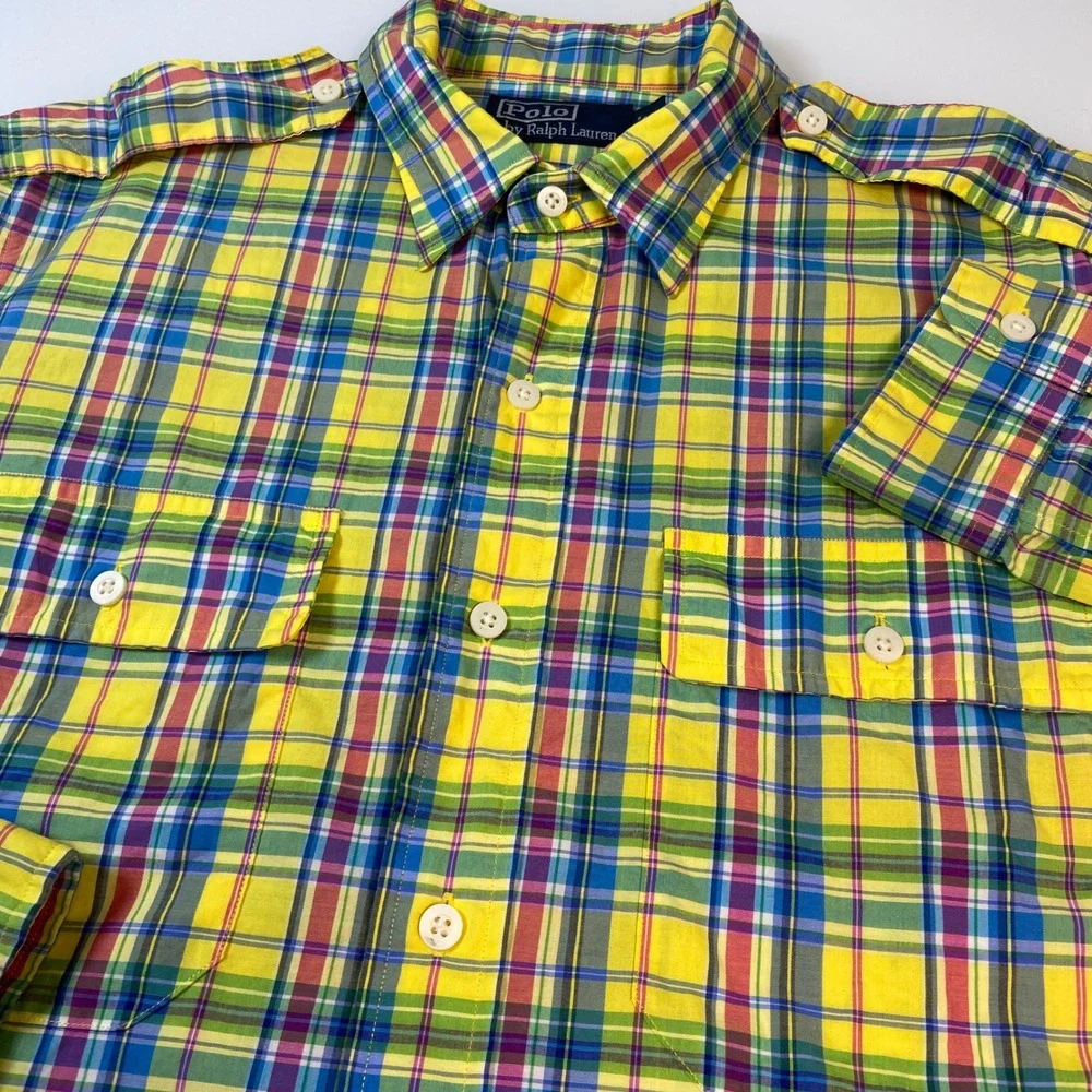 Polo‎ Ralph Lauren Men's Medium Tartan Plaid Button Down Shirt Multi Color Camp